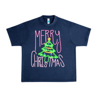 Navy Merry Neon Christmas Urban Heavy Tee - CowhideDigitalArt