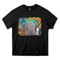 Black Cows Glitter Turquoise Leopard Sunflowers Heavy Core Tee - CowCowDesign