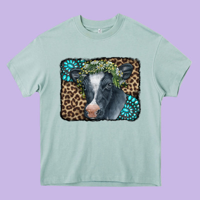 Floral Cow Leopard Gemstone Heavy Core Tee Designed By Cowcowdesign