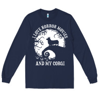 Navy i love horror movies and my corgi funny corgi Long Sleeve Tee - artisFamous