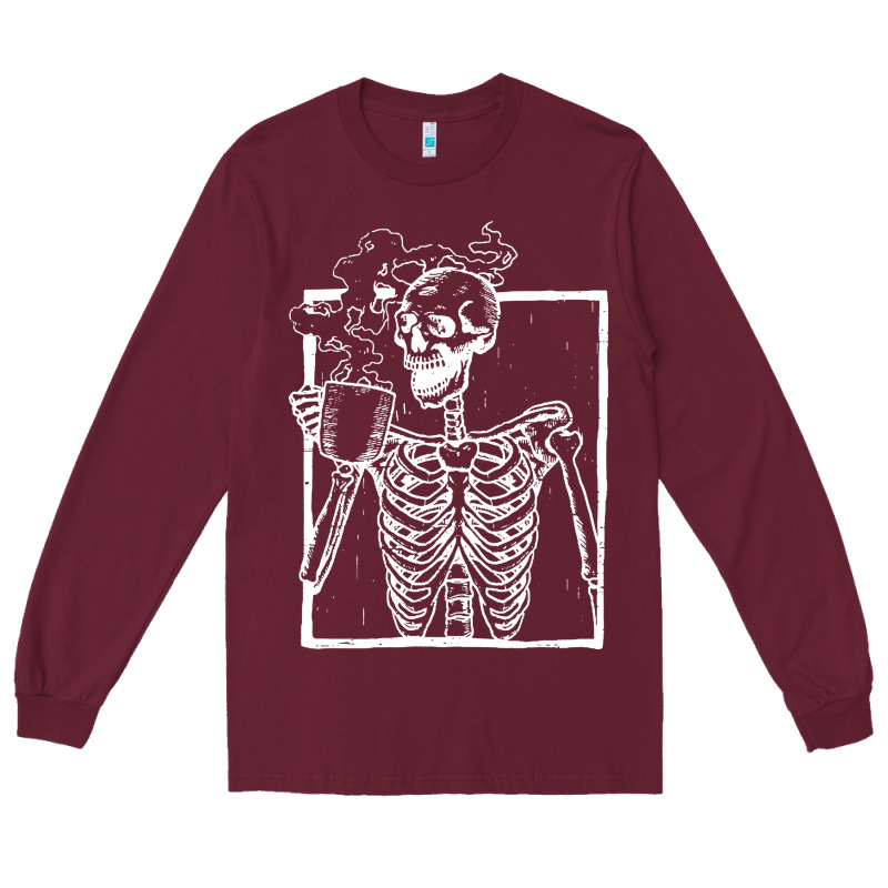 Distressed Skeleton Vintage Smiling Skull Drinking Coffee Long Sleeve Tee by artisFamous | Teevron