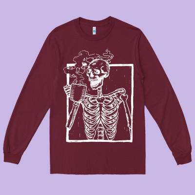 Distressed Skeleton Vintage Smiling Skull Drinking Coffee Long Sleeve Tee Designed By Artisfamous