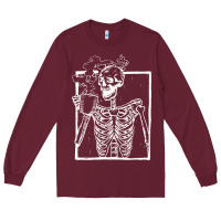 Burgundy distressed skeleton vintage smiling skull drinking coffee Long Sleeve Tee - artisFamous