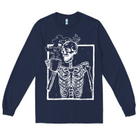 Navy distressed skeleton vintage smiling skull drinking coffee Long Sleeve Tee - artisFamous