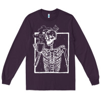 Plum distressed skeleton vintage smiling skull drinking coffee Long Sleeve Tee - artisFamous