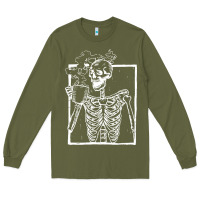 Army Green distressed skeleton vintage smiling skull drinking coffee Long Sleeve Tee - artisFamous
