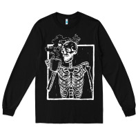 Black distressed skeleton vintage smiling skull drinking coffee Long Sleeve Tee - artisFamous