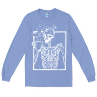 Colony Blue distressed skeleton vintage smiling skull drinking coffee Long Sleeve Tee - artisFamous