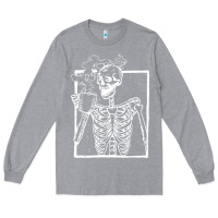 Heather Grey distressed skeleton vintage smiling skull drinking coffee Long Sleeve Tee - artisFamous