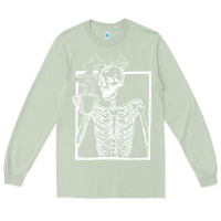Matcha distressed skeleton vintage smiling skull drinking coffee Long Sleeve Tee - artisFamous