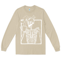 Mushroom distressed skeleton vintage smiling skull drinking coffee Long Sleeve Tee - artisFamous