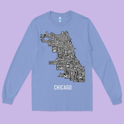 Chicago Typography Neighborhood Map Long Sleeve Tee Designed By Artisfamous