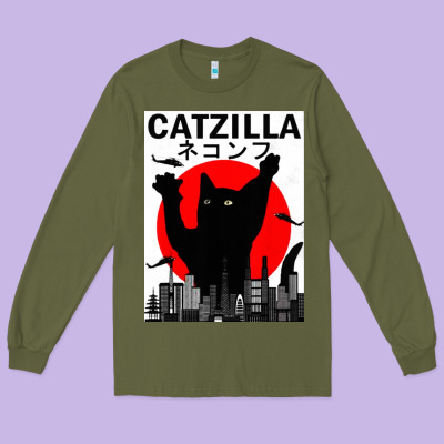 Vintage Catzilla Japanese Sunset Style Long Sleeve Tee Designed By Artisfamous
