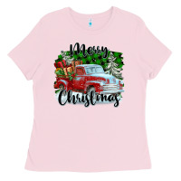 Bubblegum Pink Merry Christmas Truck With Gifts Ladies Tee - FaDigitalArtStudio