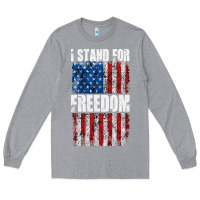 Heather Grey I STAND FOR FREEDOM WITH A DISTRESSED AMERICAN FLAG Long Sleeve Tee - artisFamous