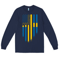 Navy Sweden Swedish Roots American Flag | Canadian Roots Long Sleeve Tee - artisFamous