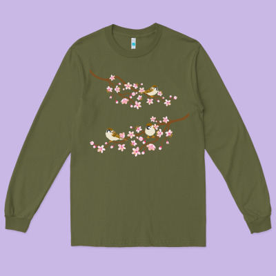 Cherry Blossom Sakura With Bird Long Sleeve Tee Designed By Artisfamous