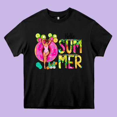 Hello Summer Donut Girl Heavy Core Tee Designed By Cowcowdesign