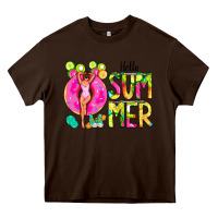Chocolate Brown Hello Summer Donut Girl Heavy Core Tee - CowCowDesign