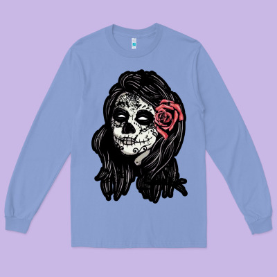 Sugar Skull Lady Long Sleeve Tee Designed By Artisfamous