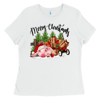 White merry christmas pig Ladies Tee - FaDigitalArtStudio