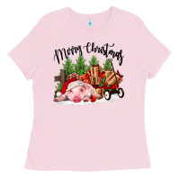 Bubblegum Pink merry christmas pig Ladies Tee - FaDigitalArtStudio