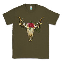 Army Green bull skull with rose and flowers Classic Tee - Artiststas