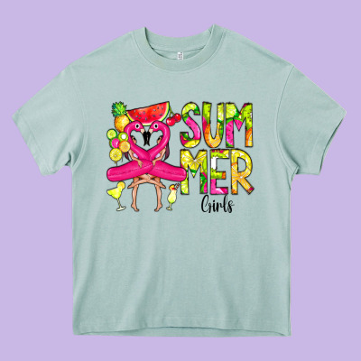 Summer Girls Flamingo Heavy Core Tee Designed By Cowcowdesign