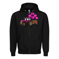 Black valentines day pink tractor with pink heart balloo Zipper Hoodie - RanaPortraitStore