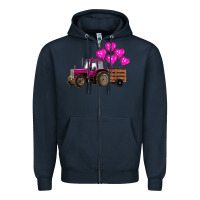 Navy valentines day pink tractor with pink heart balloo Zipper Hoodie - RanaPortraitStore