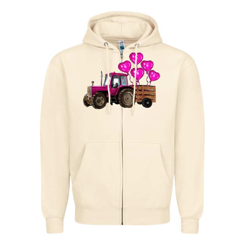 Valentines Day Pink Tractor With Pink Heart Balloo Zipper Hoodie by RanaPortraitStore | Teevron