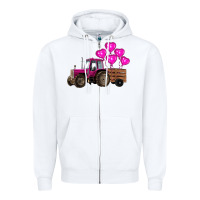 White valentines day pink tractor with pink heart balloo Zipper Hoodie - RanaPortraitStore
