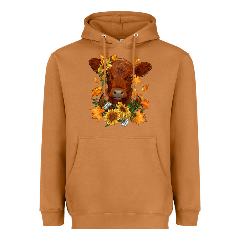 Fall Red Angus Calf Dried Leaves And Sunflowers Heavyweight Hoodie by RanaPortraitStore | Teevron