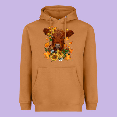 Fall Red Angus Calf Dried Leaves And Sunflowers Heavyweight Hoodie Designed By Ranaportraitstore
