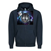 Navy wolf and full moon Zipper Hoodie - RanaPortraitStore