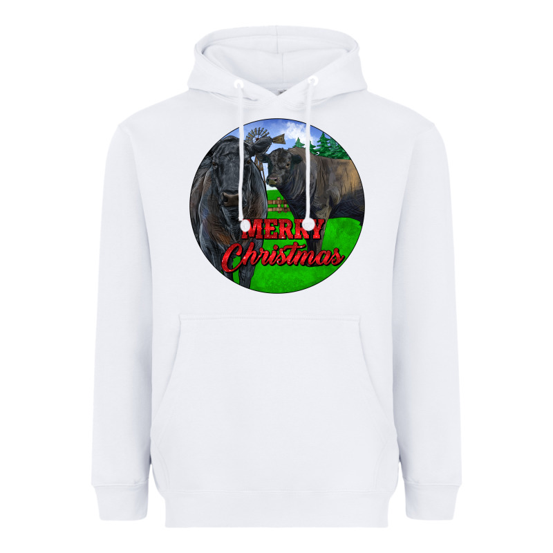 Black Angus Cattle And Bull Merry Christmas Heavyweight Hoodie by RanaPortraitStore | Teevron