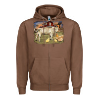Chestnut charolaris bull and chicken in barnyard Zipper Hoodie - RanaPortraitStore