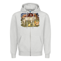 Dove Grey charolaris bull and chicken in barnyard Zipper Hoodie - RanaPortraitStore