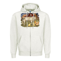 Oatmeal Heather charolaris bull and chicken in barnyard Zipper Hoodie - RanaPortraitStore