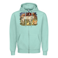Seafoam charolaris bull and chicken in barnyard Zipper Hoodie - RanaPortraitStore