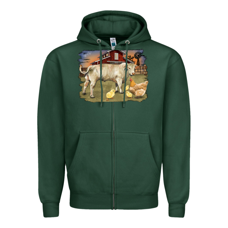 Charolaris Bull And Chicken In Barnyard Zipper Hoodie by RanaPortraitStore | Teevron