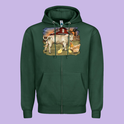 Charolaris Bull And Chicken In Barnyard Zipper Hoodie Designed By Ranaportraitstore