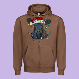 Christmas Baby Black Angus Calf With Lights Zipper Hoodie Designed By Ranaportraitstore