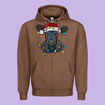 Christmas Baby Black Angus Calf With Lights Zipper Hoodie Designed By Ranaportraitstore