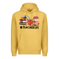 Antique Gold teacher life with books  pen and coffee Premium Hoodie - Artiststas