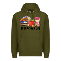 Army Green teacher life with books  pen and coffee Premium Hoodie - Artiststas