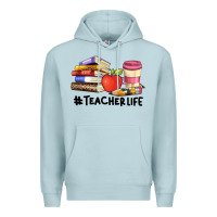 Blue Mist teacher life with books  pen and coffee Premium Hoodie - Artiststas