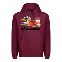 Burgundy teacher life with books  pen and coffee Premium Hoodie - Artiststas