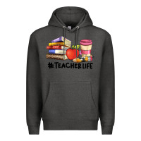 Charcoal Heather teacher life with books  pen and coffee Premium Hoodie - Artiststas