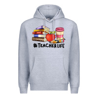 Heather Grey teacher life with books  pen and coffee Premium Hoodie - Artiststas